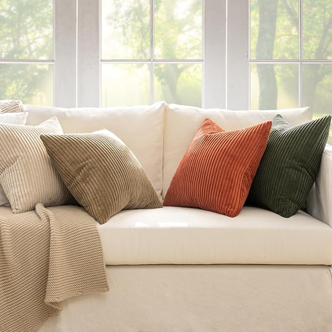 MIULEE Fall Corduroy Decorative Throw Pillow Covers Rust-Olive Green 20x20 | Set of 4, Vintage Fall Decor, Rustic Brown Green Collection, Boho Farmhouse Cushion Covers for Couch Bed Sofa Living Room