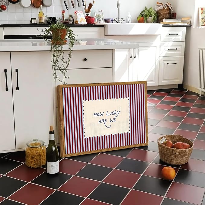 Framed How Lucky Are We Wall Art, Trendy Positive Affirmation Quotes Canvas Wall Decor Paintings, Red Striped Pictures Prints Preppy Home Decor for Living Room Bedroom Dorm 16x24 inch