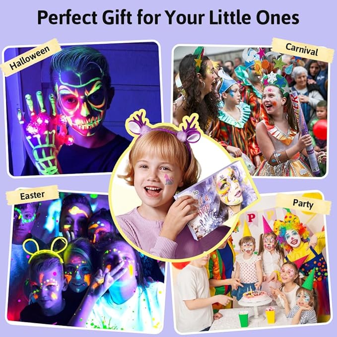 Janolia Rainbow Face Paint Kit - UV Fluorescent Split Cake, Water Activated Body Paint for Kids' Halloween, Carnival & Easter