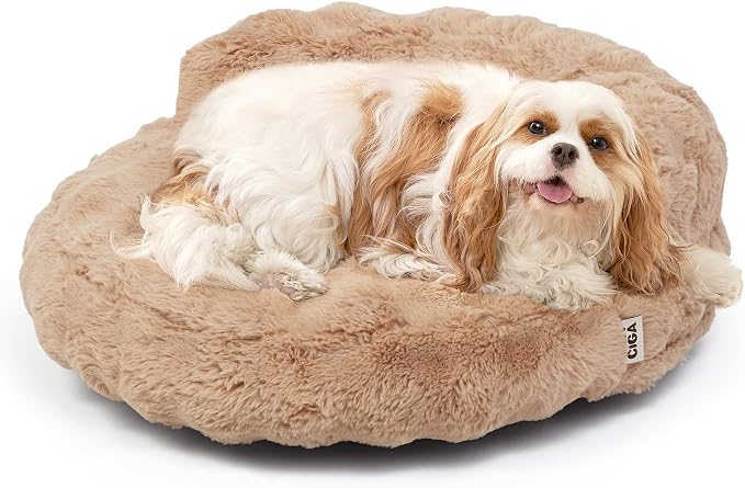 EHEYCIGA Soft Cat Couch Bed for Indoor Cats, Fluffy Small Dog Bed with Removable Washable Cover, Bolster Pet Sofa, Waterproof and Non-Slip, 24" x 24"x 7", Camel