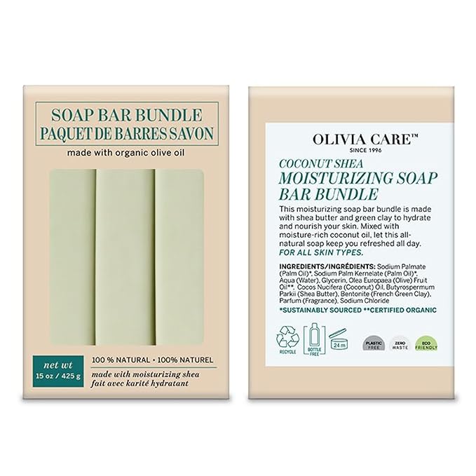 Olivia Care Moisturizing Bar Soap Pack by Natural & Organic Infused with Coconut, Shea Butter & Green ClayDeep Clean, Refreshing, Moisturizing & Hydrating, Coconut Shea, 3 Count (Pack of 3)