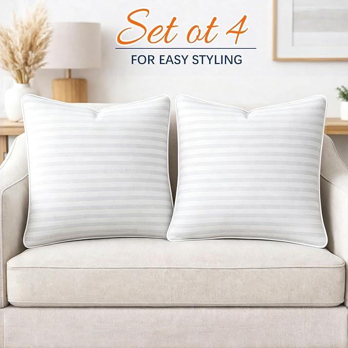 Yettbea 18x18 Inches Pillow Inserts Set of 4- Premium Soft Down Alternative Fill, Decorative Throw Pillows for Couch, Bed & Sofa, Supportive White Striped Bedroom Pillow Forms