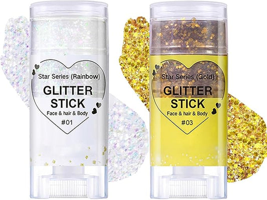 2Pcs Body Glitter Gel,Silver Gold Chunky Sparkling Glitter Stick,Waterproof Lasting Sparkling Body Gel Sequins,Face Hair Nail Festival Glitter Make Up for Halloween Birthday Makeup Party