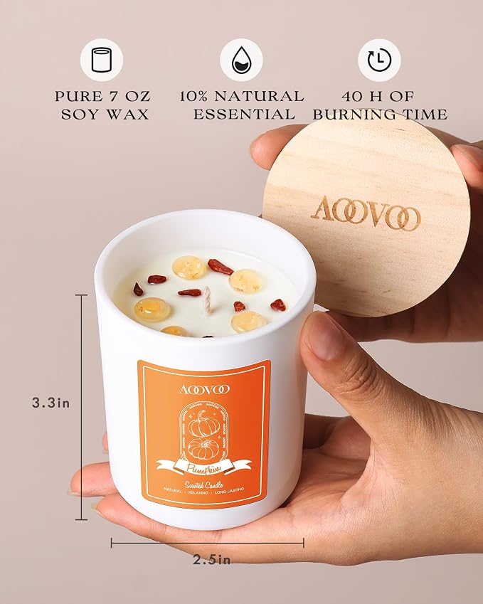 AOOVOO Fall Candles Set for Women - Aromatherapy Candle with Crystals Inside, 28 oz 200 Hour Long Lasting, 4 Pack Candles for Home Scented, Autumn Fragrance of Apple Pie/Cinnamon/Pumpkin/Nutmeg Beans