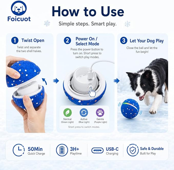 Interactive Dog Ball Toy, 3 Modes, LED, Sound & Vibration, USB-C
