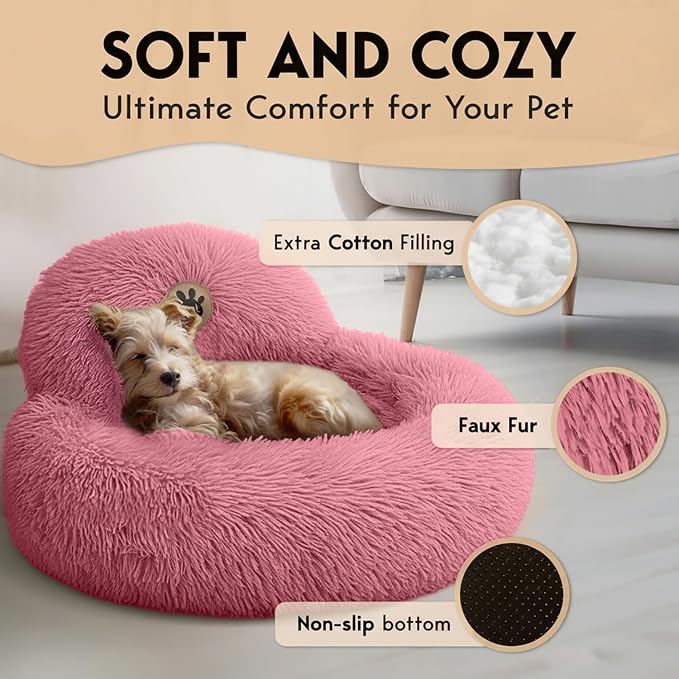 PetJett Calming Dog Bed for Small Dogs – 23" Donut Dog Beds, Anti-Slip & Washable Fluffy Plush Faux Fur Pet Bed, Anti-Anxiety Premium Comfort Round Puppy Bed, Fits Dogs up to 25 lbs – Pink