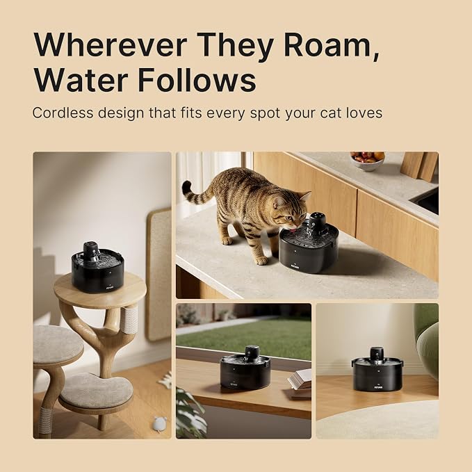 Cordless Cat Water Fountain, Battery Operated, Black 6 Filters, 78oz | Wireless Cat Fountain Rechargeable 4000mAh, Motion Sensor, Ultra-Quiet Pump, Locking Lid, Automatic Pet Fountain