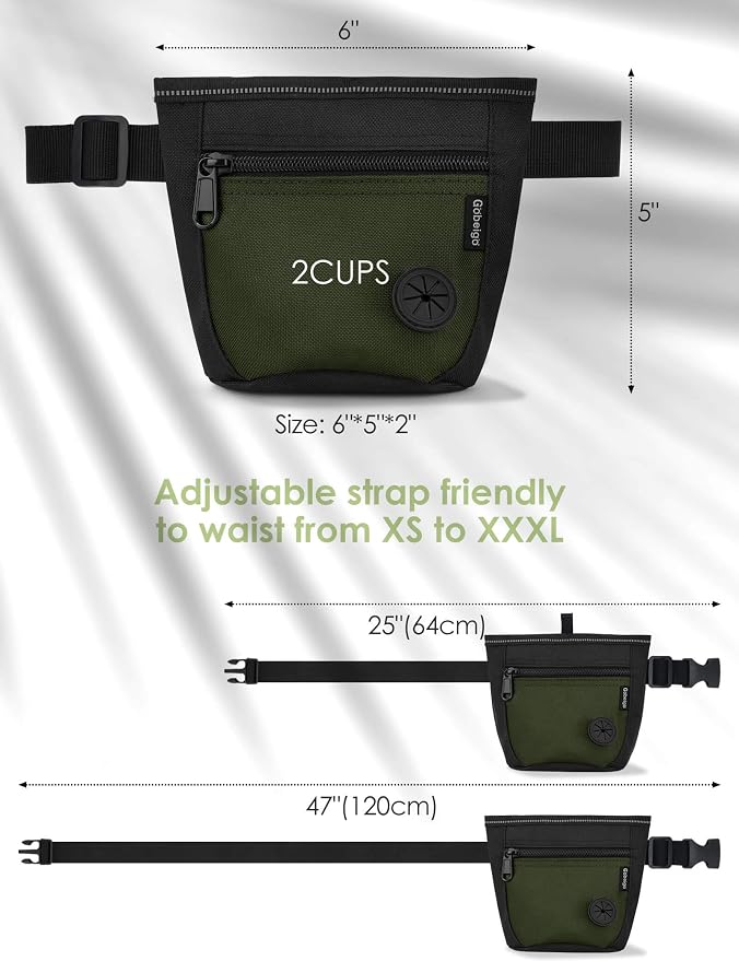 Gobeigo 2 Cup Dog Treat Pouch with Training Clicker(Black/Army Green) | 2 Pair Magnetic Closures, Zipper Pocket with Poop Bag Holder, Waist Belt & Metal Clip to Wear for Pet Training/Daily Walking