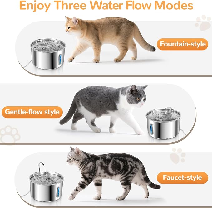 Stainless Steel Cat Water Fountain, 135oz/4L, 12 Filters | Automatic Pet Water Dispenser with Ultra-Quiet Adjustable Pump and 3 Flow Modes for Cats, Dogs, Multi-Pet Homes