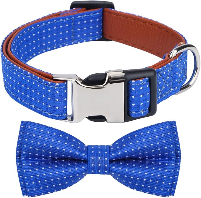 Dog Collar with Bow Tie for Girl or Boy Gift Soft Durable Bowtie Blue dot Large