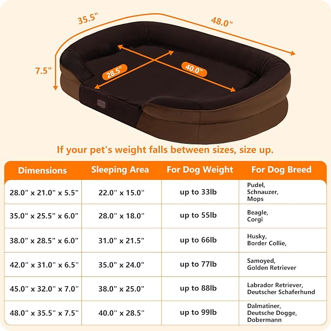 Dwanton Orthopedic Waterproof XX-Large Dog Bed Sofa, Gel Memory Foam, 48" | Egg-Crate Foam Dog Sofa, Washable Pet Bed with Four Sided Bolster Cushion, Removable Cover & Non-Slip Bottom, Brown