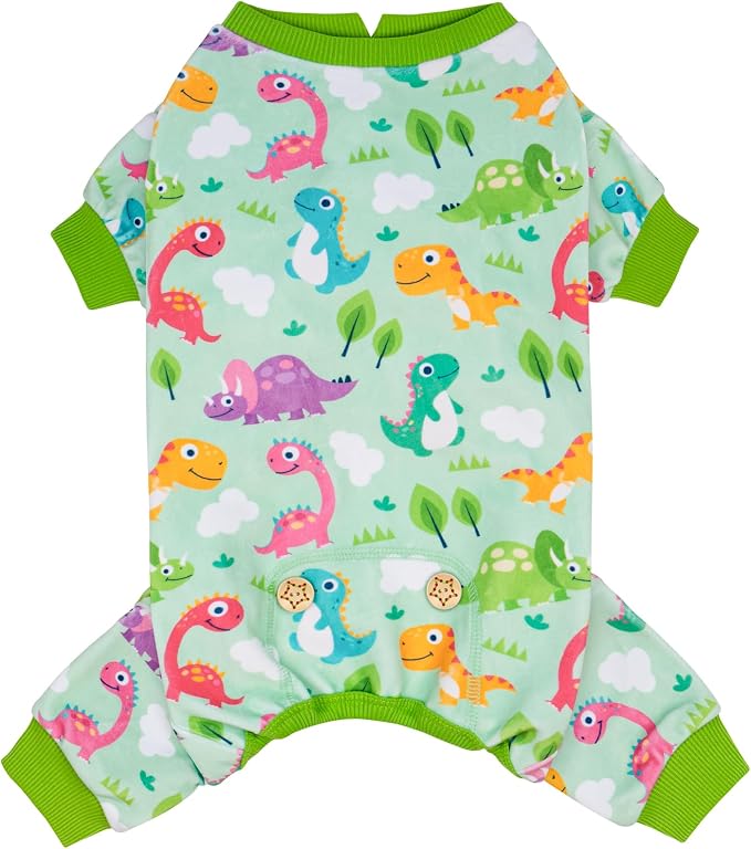 KYEESE Velvet Dog Pajamas for Small Dogs Soft Onesie Shirt, Dinosaursk | 4-Way Stretch, Lightweight & Breathable, Reduces Shedding, Gentle on Sensitive Skin, Recovery Support, Easy Potty Breaks