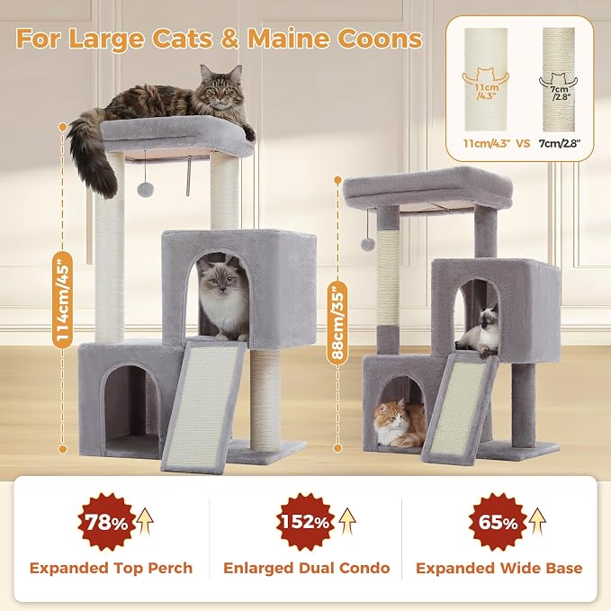 PAWZ Road Large Cat Tree, 45" Heavy Duty Cat Tower with Dual Condos, Gray | thick scratching posts(φ4.3"), 21"x21" spacious perch, large scratching ramp, dual condos for large&maine cats
