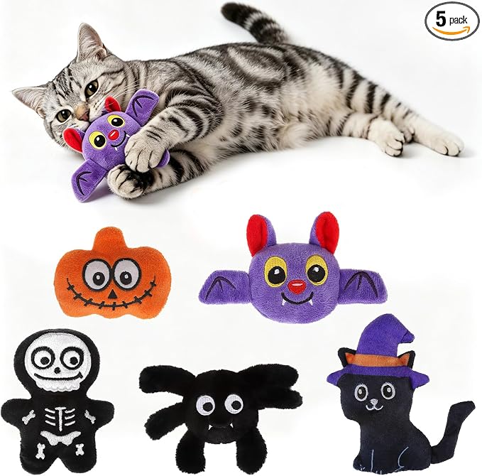 EXPAWLORER 5Pcs Halloween Catnip Toys for Cats-Pumpkin, Bat, Spider, Skeleton & Witch Cat, Cat Chew Toy with Crinkle Paper for Interactive Play & Relieve Boredom, Perfect for Teething Exercise & Gift