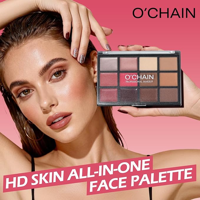 O'CHAIN 12 Colors Cream All in One Face Palette Set, Contour Blush Highlighter Makeup Palette Kit, Long Lasting, Beauty Gift for women, Ideal for Christmas Valentine's Day and Festival