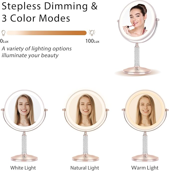 Senshuerjie 7" Rose Gold Glitter Diamond Rhinestone Makeup Mirror,360°Rotate Round Tabletop Vanity Mirror Double Sided 1X/10X HD Undistorted Magnifying Mirror,Portable Vanity Women Gift (Rose Gold)