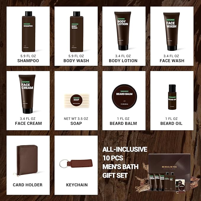 Rinse & Robust Gifts for Men 10Pcs Gift baskets for Men, Sandalwood Bath and Body Works Men Gifts for Birthday for Dad Boyfriend Husband Fathers Day Gifts Set
