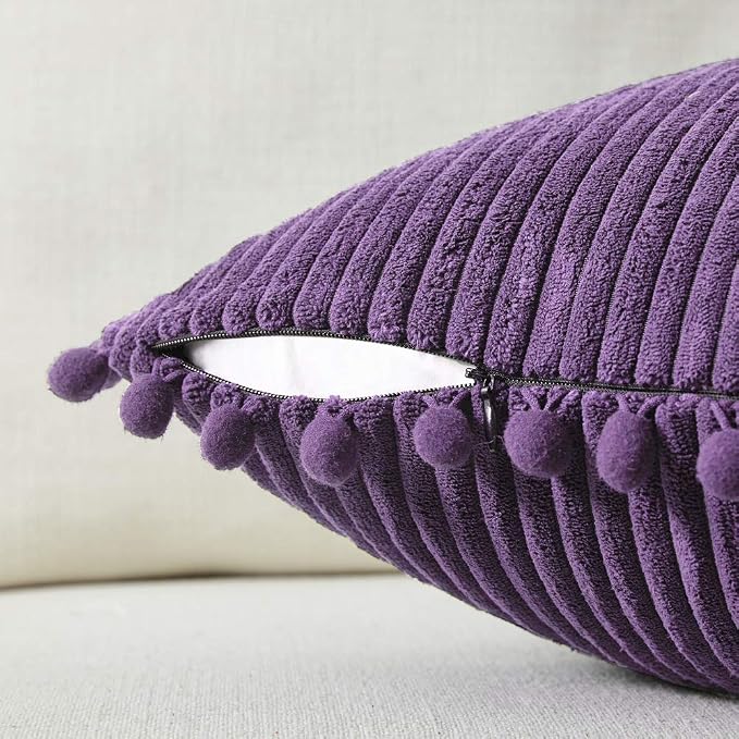Fancy Homi 24x24 Pillow Covers, Pack of 2 Purple Throw Pillow Covers with Pom-poms, Super Soft Corduroy Square Solid Cushion Cover for Couch Sofa Bedroom Living Room 60x60 cm