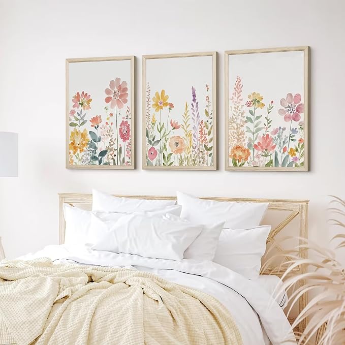 Watercolor Wildflower Wall Art Decor Colorful Flower Pictures Canvas Floral Botanical Wall Art Vintage Prints Poster Floral Painting Artwork for Living Room Bedroom 16x24 Inch Framed Set of 3
