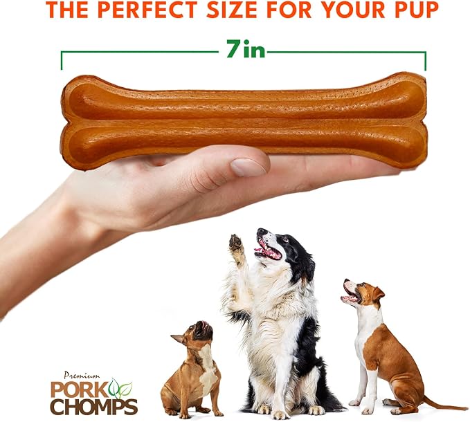Pork Chomps Rawhide Free Pork Skin Dog Chew Bone, 7in, 1ct | Roasted, pressed pork skin chew. Long-lasting, high protein, low fat, healthy & delicious.