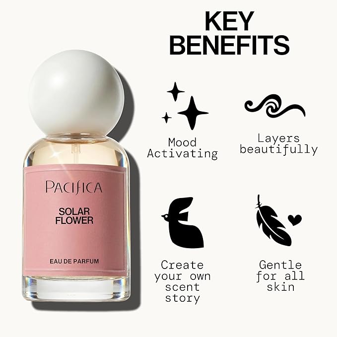 Pacifica Solar Flower Eau de Parfum for Women, Floral Perfume Spray with Jasmine Bergamot Vanilla, Long Lasting Clean Vegan Fragrance, Paraben Free, 1 Fl Oz