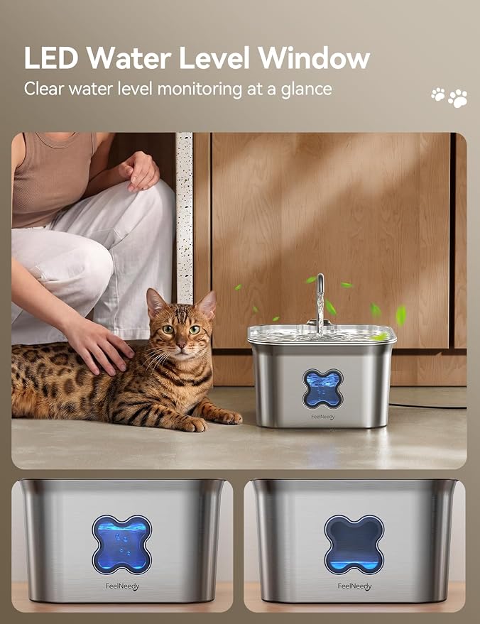 FEELNEEDY Cat Water Fountain, 304 Stainless Steel - 95oz/2.8L Faucet-Style Pet Drinking Fountain for Cats & Small Dogs, Ultra-Quiet <20dB, Dishwasher Safe, 4-Stage Filtration & Water Level Window