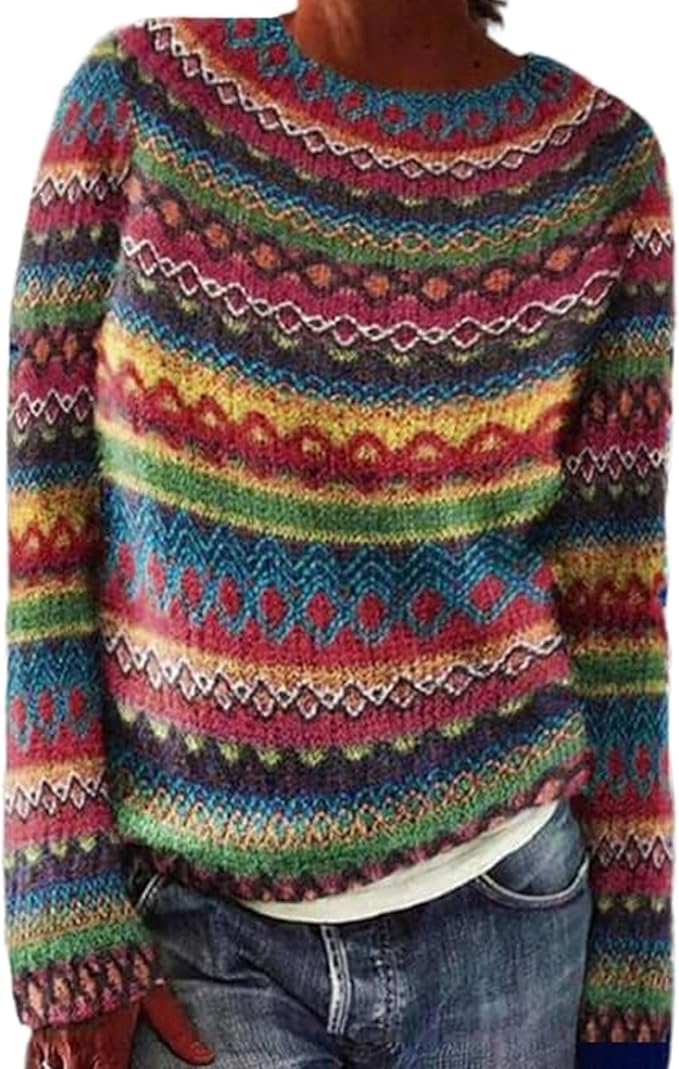 Zhyaj Fair Isle Sweater for Womens Winter Long Sleeve Vintage Knitted Sweater Casual Fall Crew Neck Pullover Sweaters