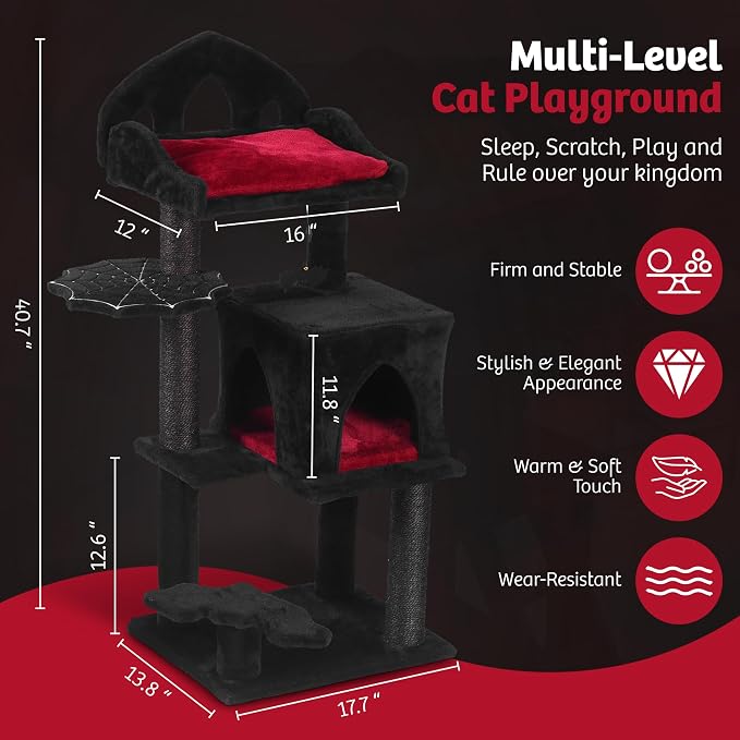 Gothic Cat Tree - 40" Goth Cat Bed, Spacious Condo, Spooky Hanging Bat, Durable Sisal Scratching Post - Elegant Black Cat Tree for Majestic Felines