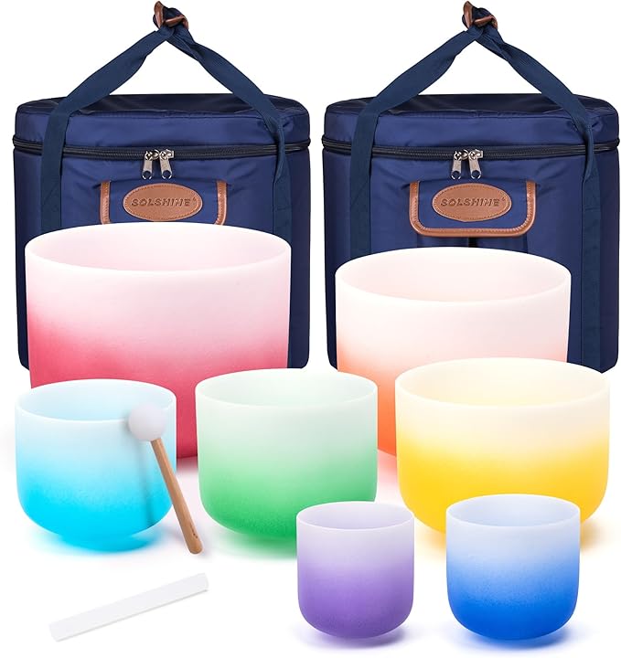 432Hz 6-12 Inch Set of 7 Quartz Crystal Singing Bowls with Gradient Colored Design, 2 Travel Carry Case Bags and Resonance Striker for Meditation and Sound Therapy