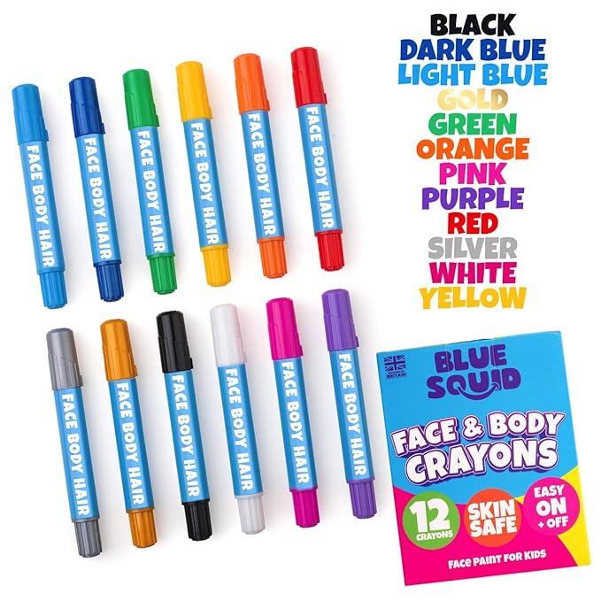 Blue Squid Face Paint Crayons - 12 Vibrant Colors Twistable & Washable Face Paint Sticks - Face Painting Kit for Kids Party, Halloween, Belly Painting Kit Pregnancy, Makeup Body Paints for Adults