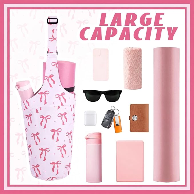 SATINIOR Pink Bow Yoga Mat Bag with Large Size Pocket & Zipper Pocket Oxford Cloth Yoga Bag Mat Carrier Holder Adjustable Shoulder Strap Women Gym Pilates Accessories for Travel Office Beach Workout