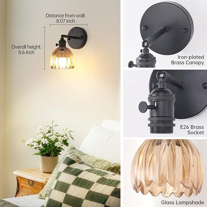 Shenmoyl Vintage Battery Operated Wall Sconce with Amber Tulip Glass Lampshade Rechargeable Battery Powered Black Wall Light with Remote Control for Bedside Bedroom Doorway, Set of 2