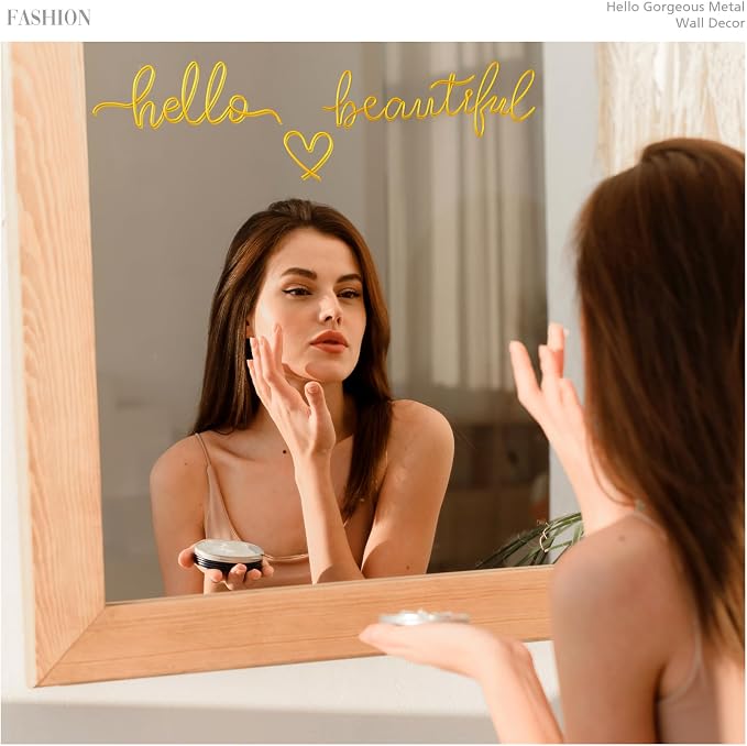 Hicarer Metal Hello Gorgeous Wall Art Minimalist Wall Decor,Gold,Beautiful | for Bedroom Bathroom Living Room Dressing Room Salon Vanity Office Home Decoration, Easy to Install