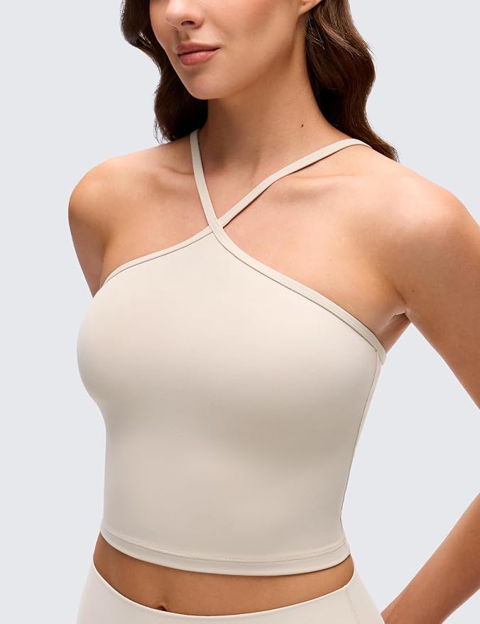 CRZ YOGA Butterluxe Cross Neck Crop Tank Tops for Women - Spaghetti Straps Square Back Padded Yoga Sports Bras