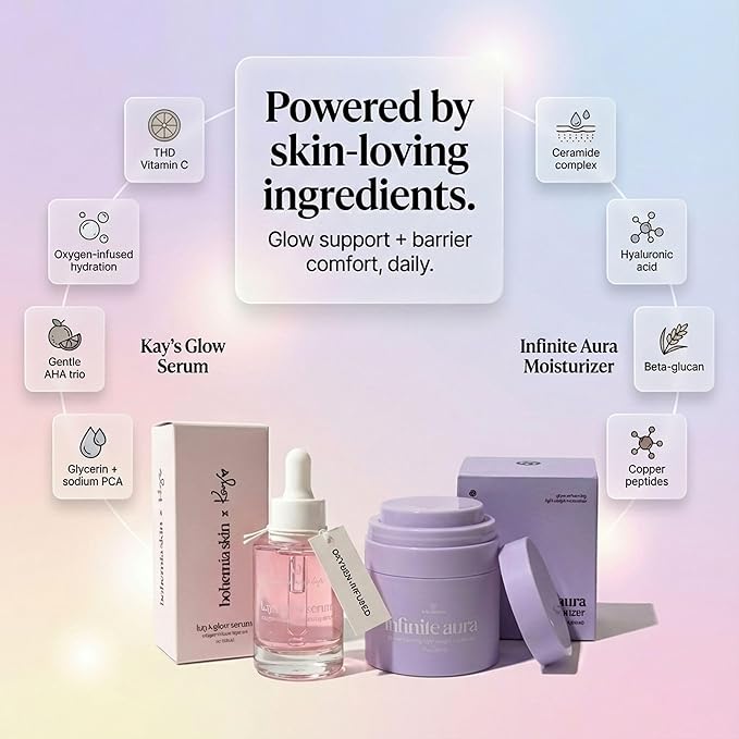 Kay’s Glow Serum + Infinite Aura Moisturizer – Oxygen-Infused THDA Vitamin C with Gentle AHA for Face and neck | Hydrates, Soothes and Brightens Bundle