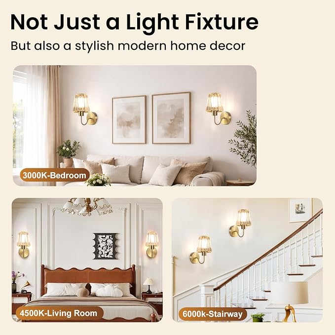 Wireless Sconces Wall Decor Set of 2 for Room Easy to Install | Rechargeable Battery Operated Light Bulbs 10000mAh Remote Control Timer Dimmable 15RGB Modern Gold Crystal Lampshade