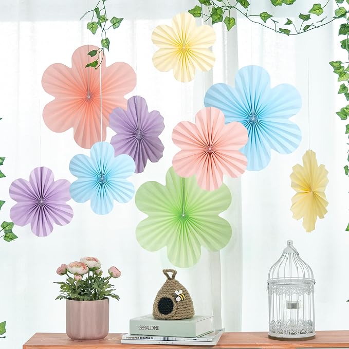 SUNBEAUTY Pastel Paper Flowers Decorations for Wall, Hanging Paper Fans Paper Floral Backdrop Decor Paper Fans Decoration Mothers Day Birthday Wedding Baby Shower, Set of 9