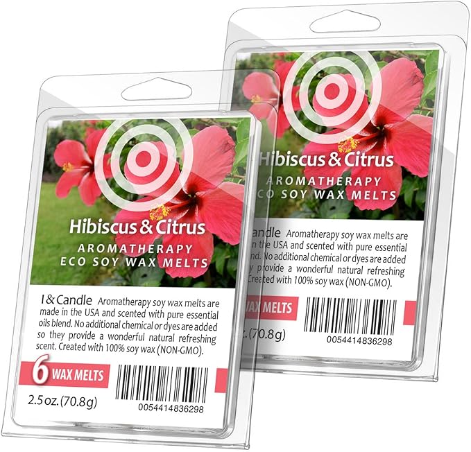 I & Candle, Aromatherapy Wax Melts. 100% Soy Wax (Non-GMO) - Hibiscus & Citrus (2 Pack)