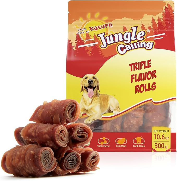 Jungle Calling Triple Flavor Rolls Dog Treats, Chicken Duck & Beef, 10.6 oz | Rawhide Free Treat for Small, Medium & Large Breeds, Limited Ingredient Chews Perfect for Daily Reward, Easily Digestible