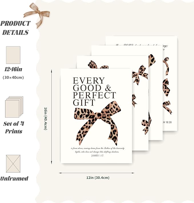 LARTSFRO Coquette Leopard Bow Wall Art Decor Posters, Y2K Cheetah Leopard Bow Room Bedroom Bathroom Dorm Wall Art Decor Aesthetic for College Teen Girls Gifts, Inspirational Bible Verses Bow Wall Decor, 12x16Inch Set of 4 Pcs Cheetah Bow Pictures (UNFR...