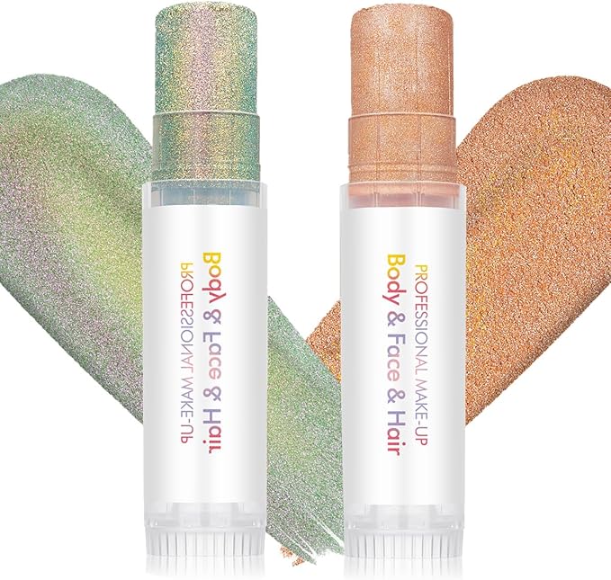 Body Glitter Stick for Face, Body & Hair - Orange & Green/Purple Fine Sparkle Glitter, 2 Pack | Long Lasting Party Makeup for Festival, Rave, Concert & Cosplay