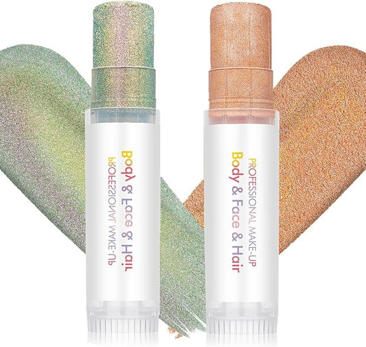 Body Glitter Stick for Face, Body & Hair - Orange & Green/Purple Fine Sparkle Glitter, 2 Pack | Long Lasting Party Makeup for Festival, Rave, Concert & Cosplay