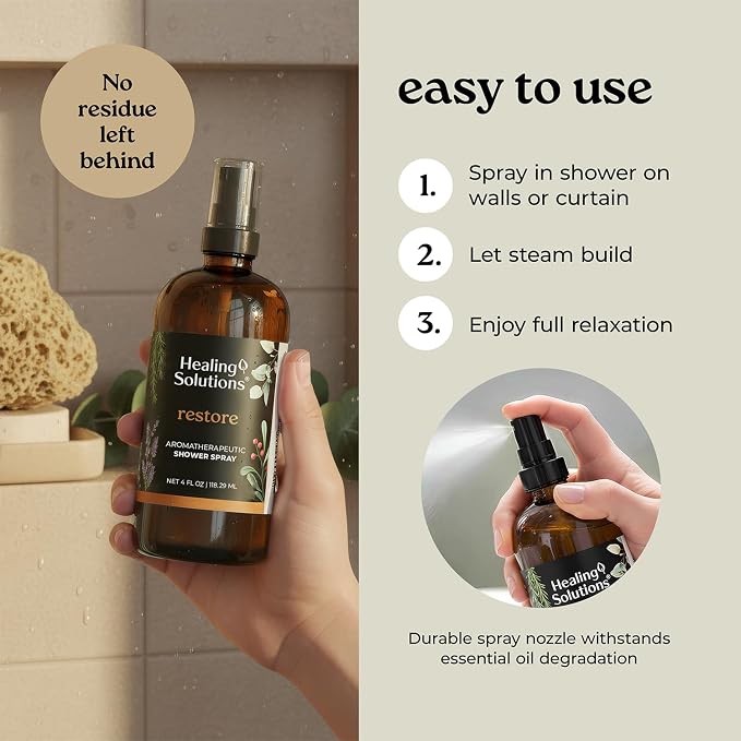 Healing Solutions Aromatherapy Shower Spray, Restore Blend, 4oz, Therapeutic Grade Essential Oils, Made in the USA, At Home Spa Experience, Promotes Muscle Relaxation (4oz, Restore Blend)