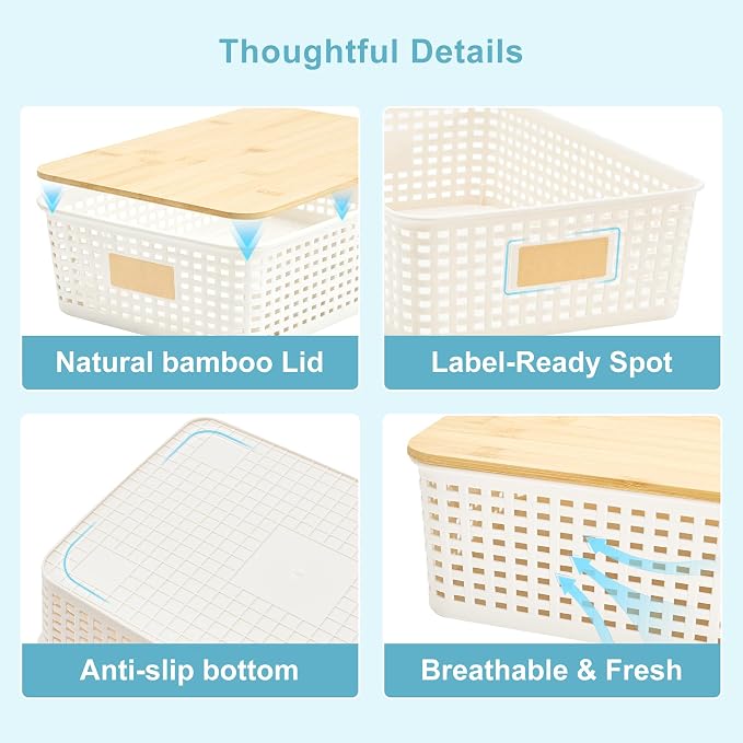 4 Pack Plastic Storage Bins with Bamboo Lids, 6.2qt Stackable Storage Organizer Box with Lable for Pantry Shelves Drawers Desktop Office, 12"L x 8.3"W x 3.5"H, Cream White