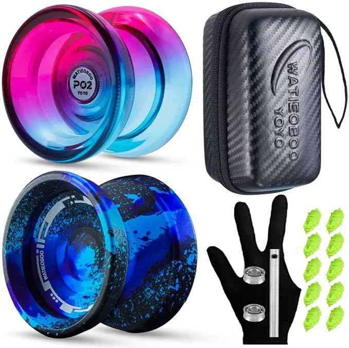 WATIEOBOO Yo-Yo 2-Piece Set P02 Crystal yo yo Blue Pink and M18 Black Blue Purple Camouflage Metal yo-yo, Suitable for Professional yoyo Players and Yoyo Beginners