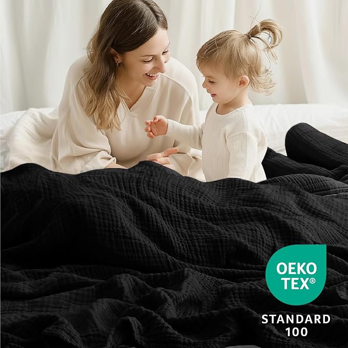 100% Cotton Muslin Blanket Twin 66" x 90", 6 Layers Breathable and Lightweight Cotton Blankets for Couch, Soft Cooling Summer Gauze Blanket for Adults All Season, Black