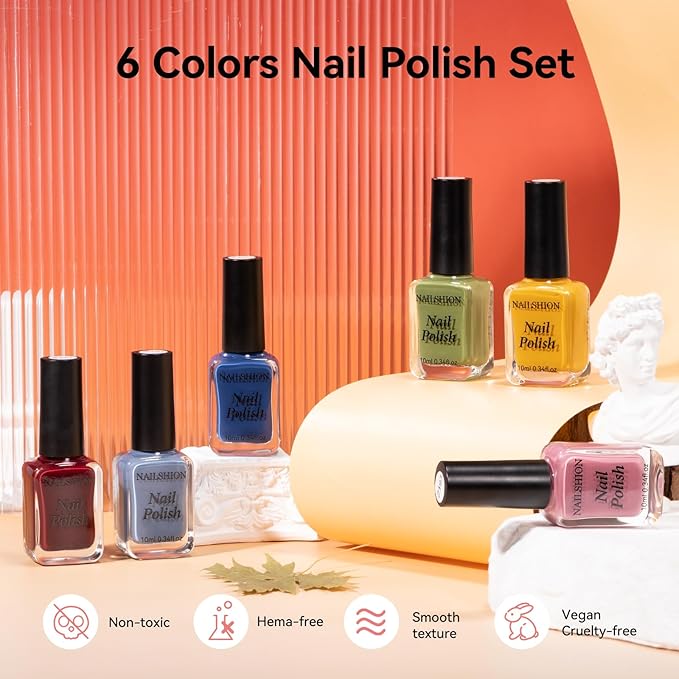 Nail Polish Set Non Gel 6 Colors Burgundy Red Yellow Green Grey Quick Air Dry Nail Polish, No-Toxic, Hema-free, Nail Lacquer Manicure Art DIY at Home Mother's Day Gift for Women