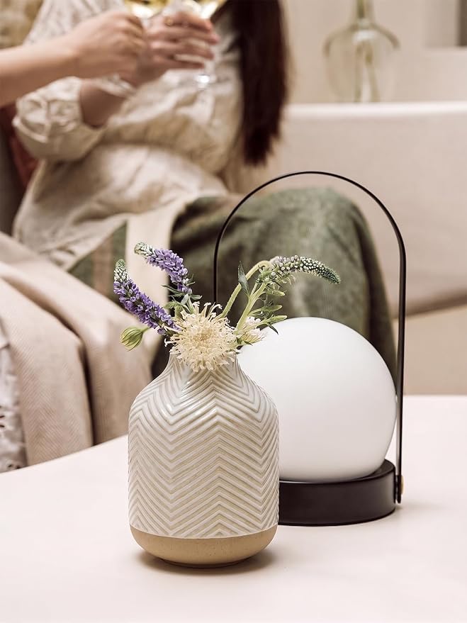 Small Boho Vase for Decor,Rustic Farmhouse Vase for Pampas Grass,Eucalyptus Set and Tiny Stem Flowers,Ceramic for Centerpieces, 5.3 Inch,Wave-Arctic White