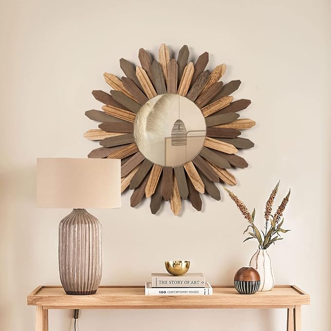 Boho Wall Decor 21 inch Wall Mirror Rustic Wood Decorative Mirror for Room Decor Rustic Home Decor Farmhouse Wall Decor at Living Room Bedroom Bathroom Hallway Trilcolor