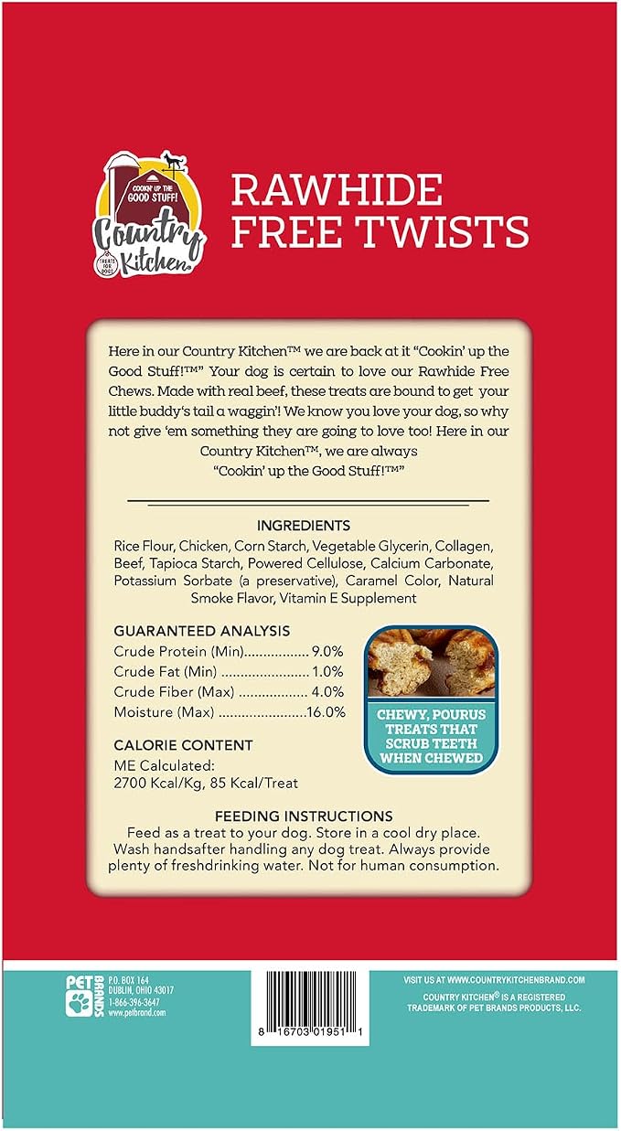 Country Kitchen Rawhide Free Beef Twists Dog Chews, 3 Count | Made with Real Beef, Highly Digestible, Gluten Free